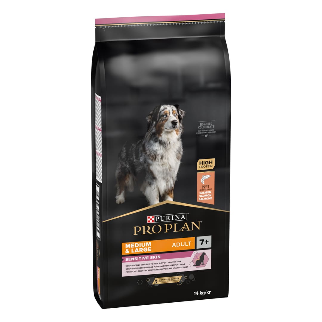 Purina Pro Plan Sensitive Skin - Суха храна за кучета над 7 години от средни и едри породи със сьомга - 14 кг.