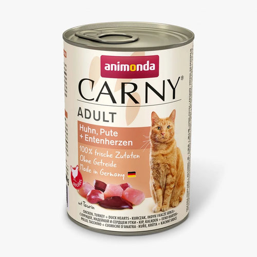 Carny Adult - консервирана храна за котки пиле, пуйка и патешки сърца - 6 броя х 400 гр.