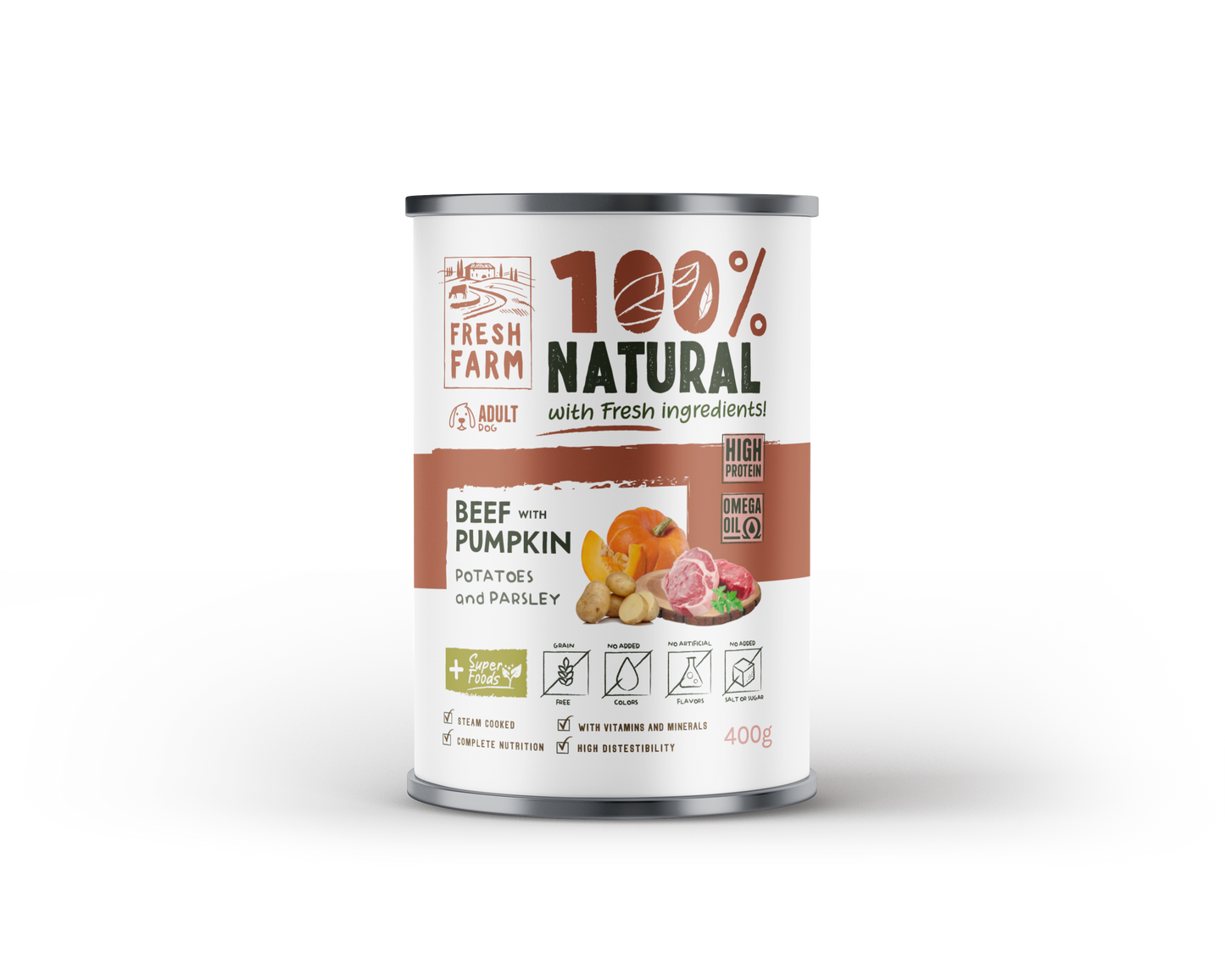 Fresh Farm - консервирана храна терин за кучета с говеждо, тиква, картофи и магданоз - 6 броя × 400 гр.
