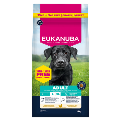 Eukanuba - суха храна за израснали кучета от едри породи с пиле - 18 кг.