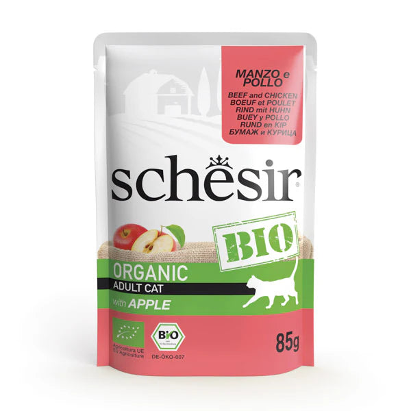 Schesir Bio - пауч за котки с говеждо, пиле и ябълка - 6 броя х 85 гр.