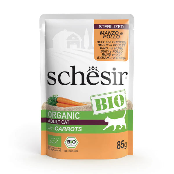 Schesir Bio - пауч за кастрирани котки с говеждо, пиле и моркови - 6 броя х 85 гр.