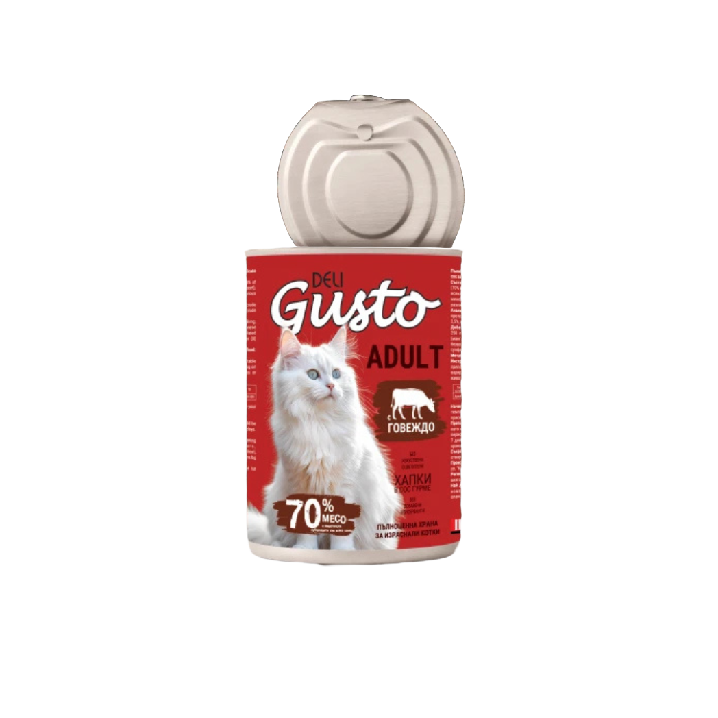 Deli Gusto Cat Beef - Консервирана храна за котки - хапки в сос с говеждо - 6 броя х 415 гр.