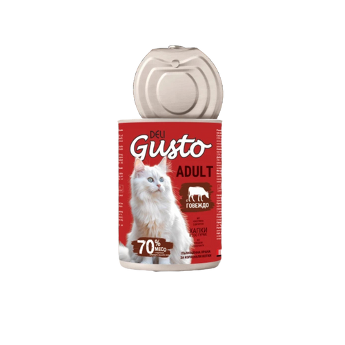 Deli Gusto Cat Beef - Консервирана храна за котки - хапки в сос с говеждо - 6 броя х 415 гр.
