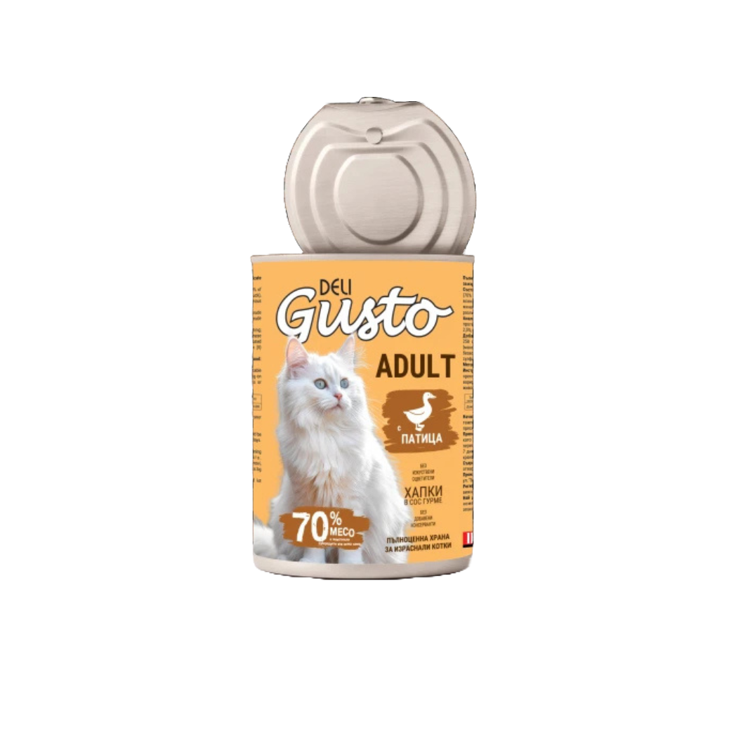 Deli Gusto Cat Duck - Консервирана храна за котки - хапки в сос с патешко - 6 броя х 415 гр.