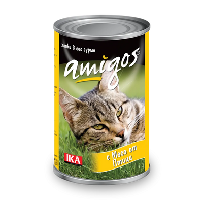 Amigos - консервирана храна за котки с птици - 6 броя х 415 гр.