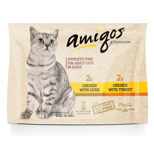 Amigos - паучове за котки, пилешко с черен дроб и пилешко с пуешко - 6 броя x 4x100 гр.