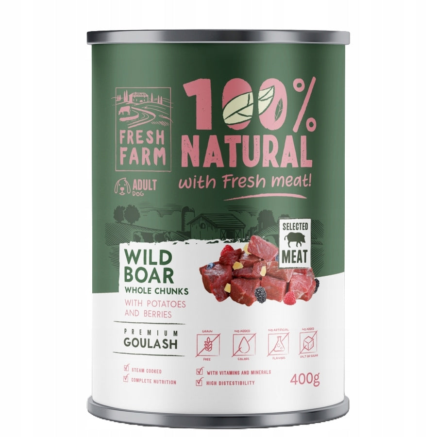 Fresh Farm - консервирана храна за кучета с гулаш див глиган, картофи и горски плодове - 6 броя х 400 гр.