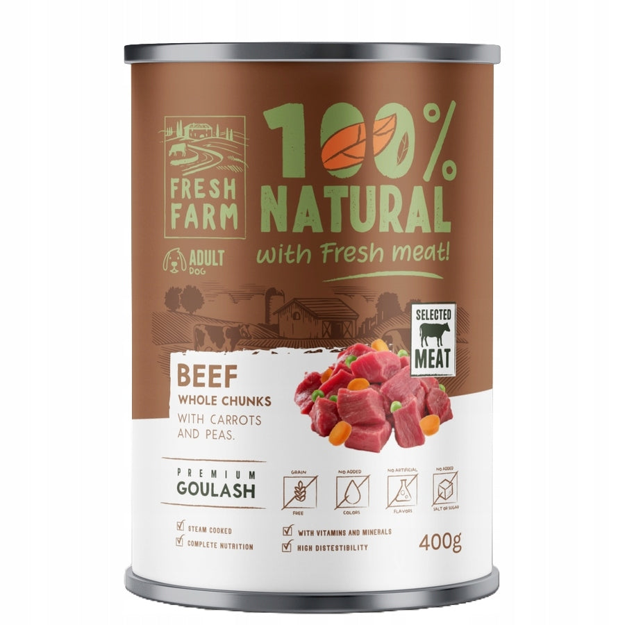 Fresh Farm - консервирана храна за кучета с гулаш говеждо, морков и грах - 6 броя х 400 гр.