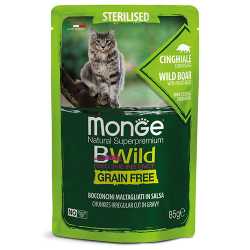 Monge BWild - паучове за кастрирани котки с глиганско и зеленчуци - 6 броя x 85 гр.