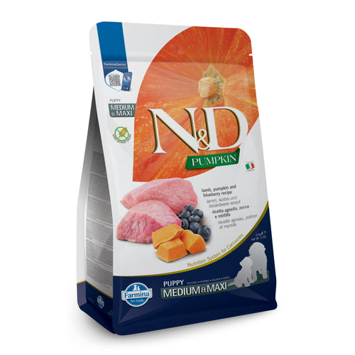 N&D Pumpkin Puppy Med/Maxi – с агнешко, тиква и боровинки за подрастващи кученца от средни и едри породи - Зоомагазин Веден