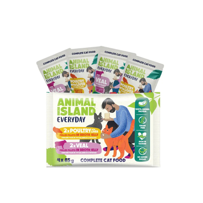 Animal Island – паучове за котки с телешки филенца и пилешко с черен дроб в желе - 6 броя x 4x85 гр.