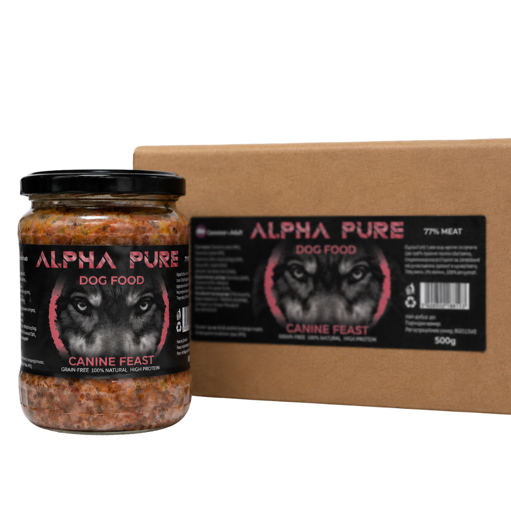 Alpha Pure - домашно приготвена храна за възрастни кучета със свинско и зеленчуци - 8 броя x 500 гр.