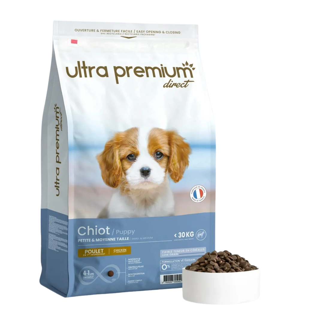 Ultra Premium - Суха храна за подрастващи кученца от дребни и средни породи – с ниско съдържание на зърно,45% месни съставки, (пиле и риба)