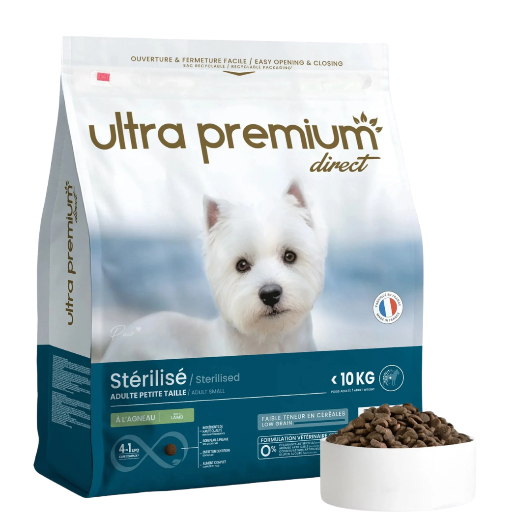 Ultra Premium - Суха храна за кастрирани кучета от дребни породи – с ниско съдържание на зърно, 45% месни съставки (агнешко и свинско) - 7 кг.