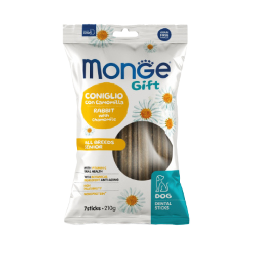 Monge Gift - дентални стикове за кучета в напреднала възраст със заешко и лайка - 7 броя в опаковка