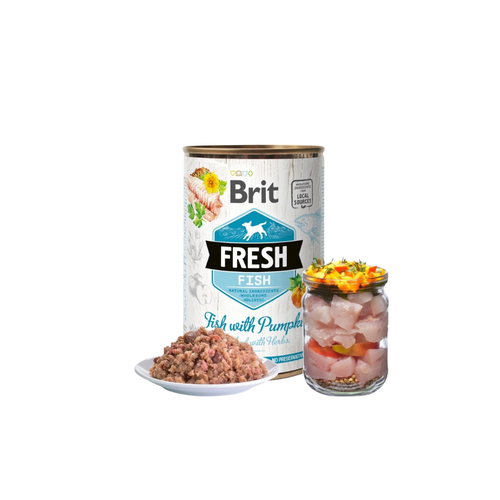 Brit Fresh - консервирана храна за кучета с прясна риба и тиква- 6 броя х 400 гр.