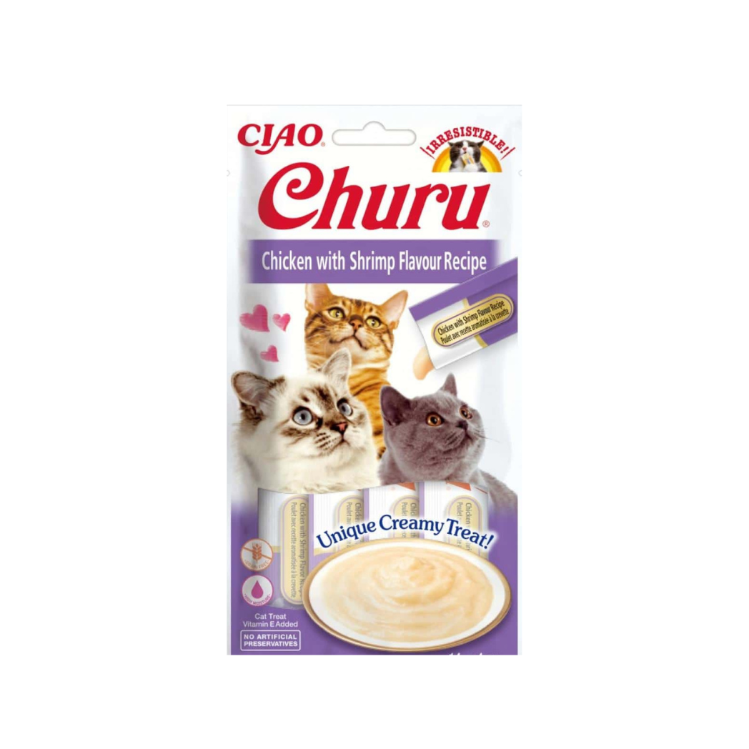 Inaba Churu Puree - Лакомство за котки с пиле и скариди - 4 броя в опаковка х 14 гр.