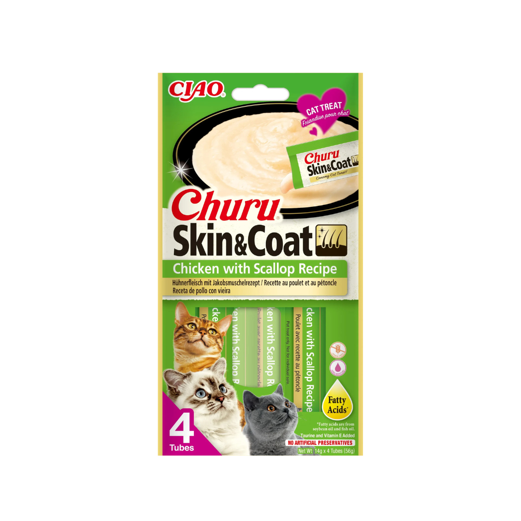 Inaba Churu Skin and Coat - Лакомство за котки с пиле и миди - 4 броя в опаковка