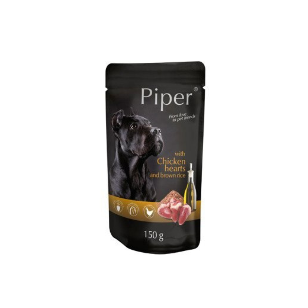 Piper Adult - пауч за кучета с пилешки сърца и кафяв ориз - 6 броя х 150 гр.