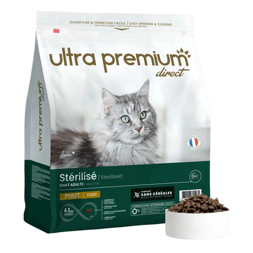 Ultra Premium - Суха храна за пораснали кастрирани котки, отглеждани на закрито – без зърно, 70% месо (пиле)