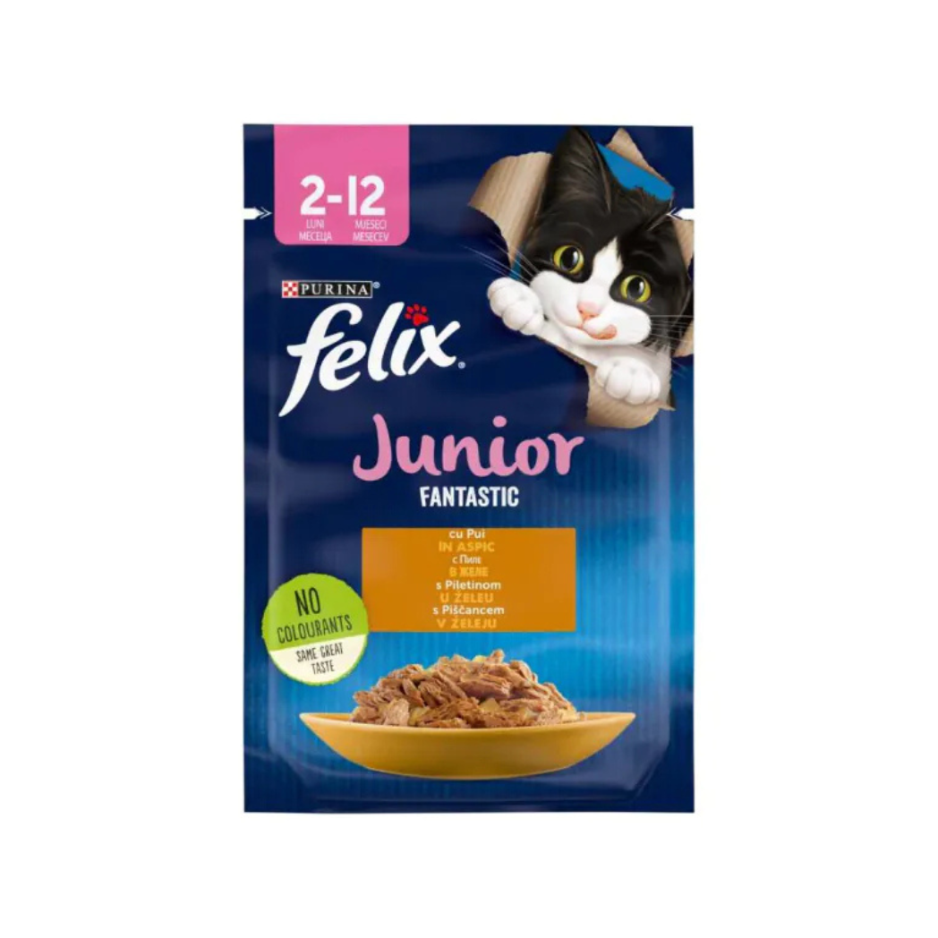 Purina Felix Fantastic Junior - паучове за подрастващи котки с пиле в желе - 12 броя х 85 гр.