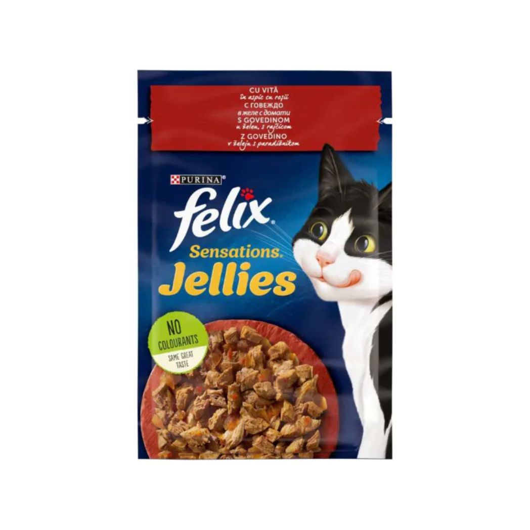 Purina Felix Sensations - паучове за котки с говеждо в желе и домати - 12 броя х 85 гр.