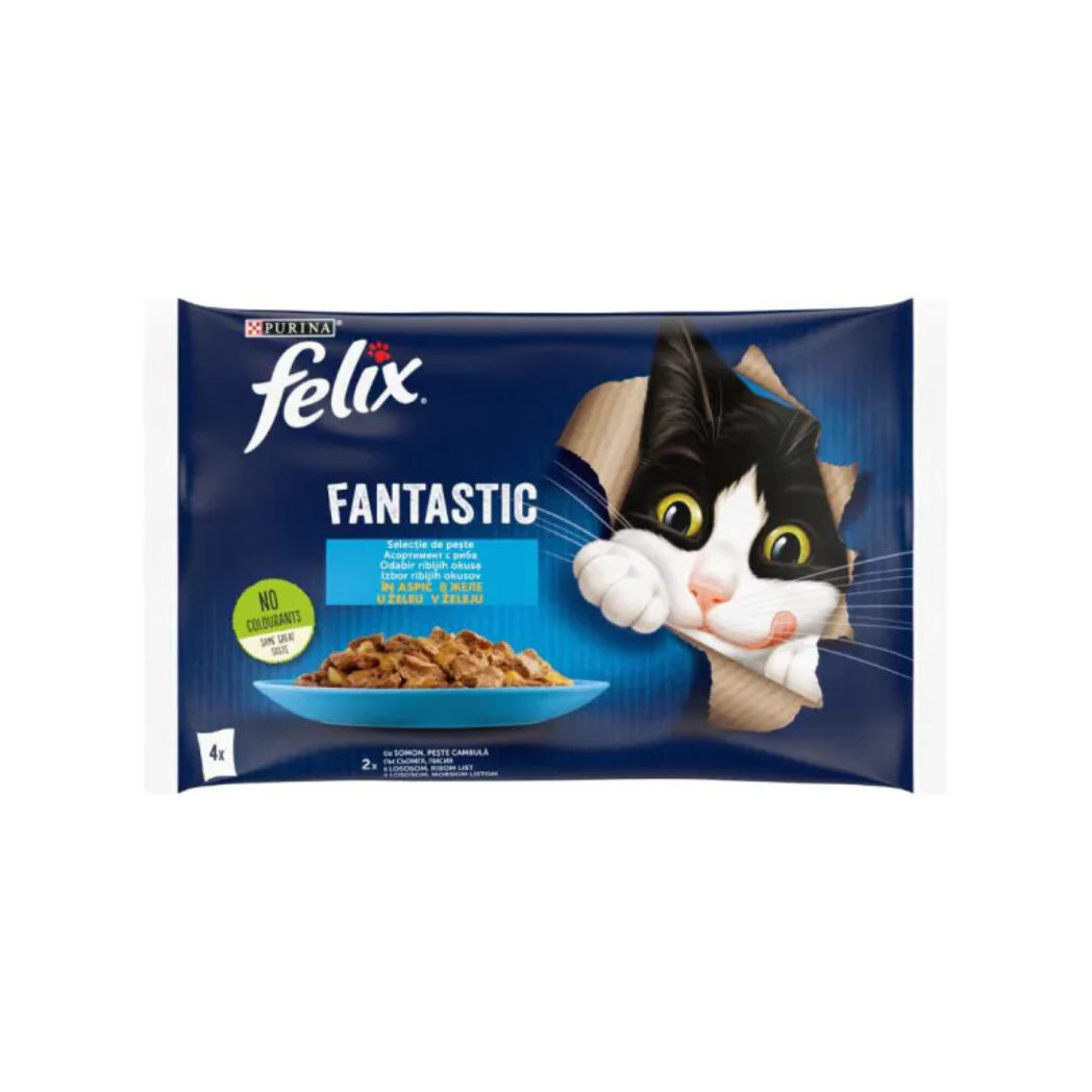 Purina Felix Sensations - паучове за котки със сьомга и писия - 6 броя х 4х85 гр.