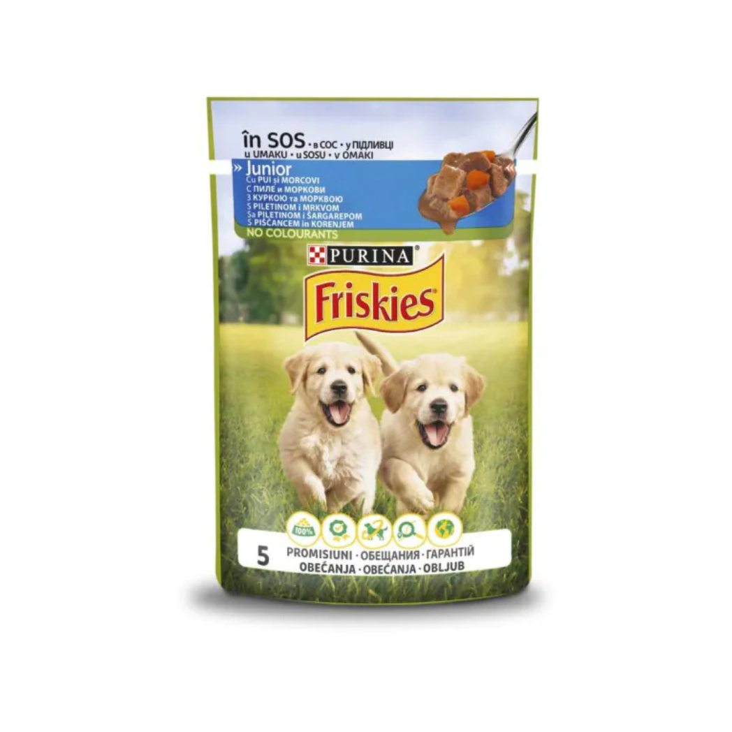 Purina Friskies Junior - паучове за подрастващи кучета с пиле и морков - 12 броя х 85 гр.