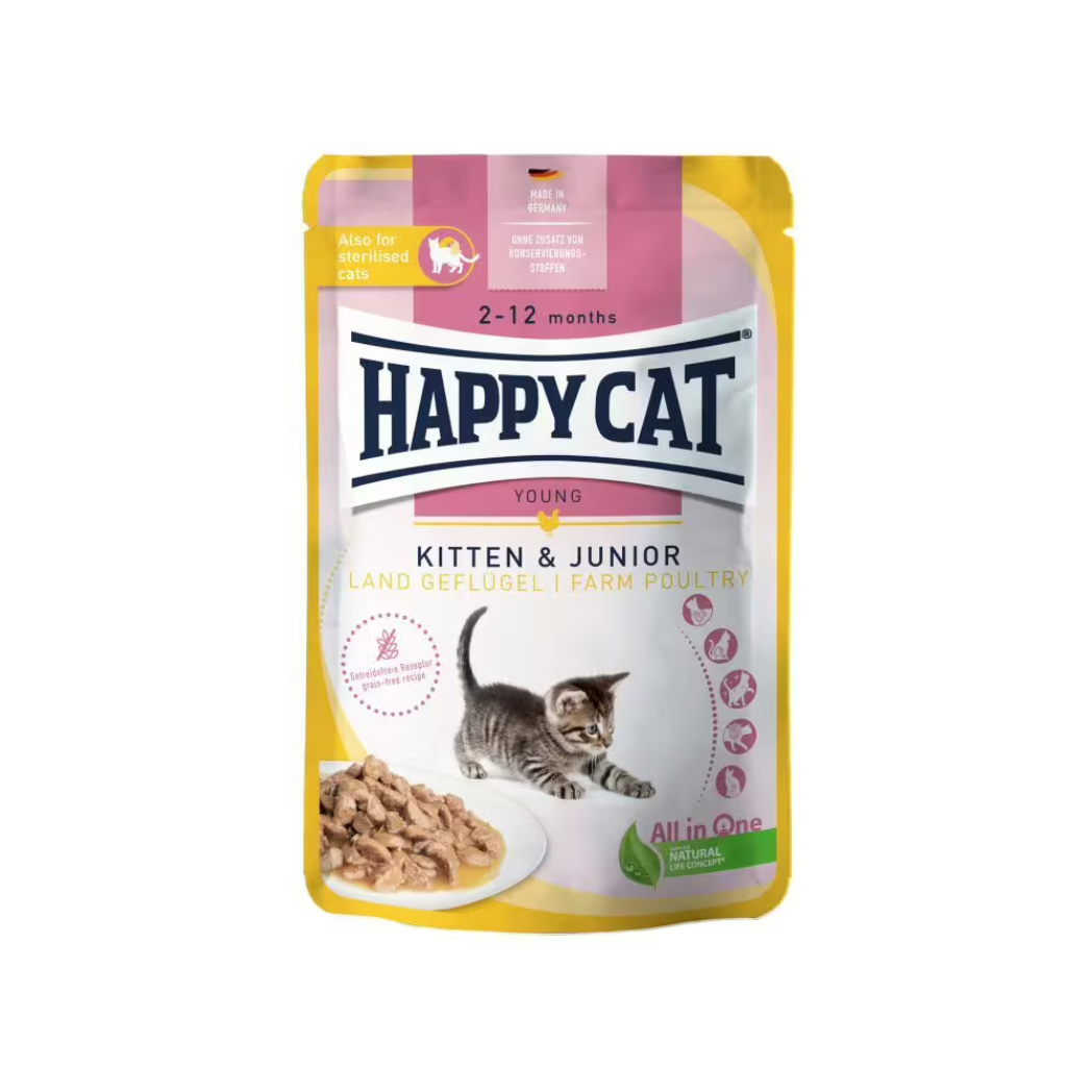 Happy Cat Junior - паучове за подрастващи котки с птиче месо в сос - 6 броя х 85 гр.