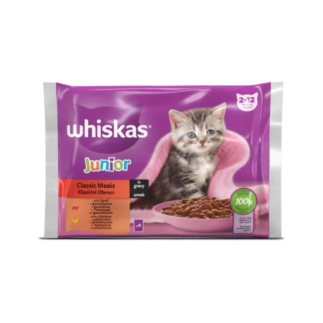 Whiskas Junior - паучове за подрастващи котки месна селекция в сос грейви - 6 броя х 4х85 гр.