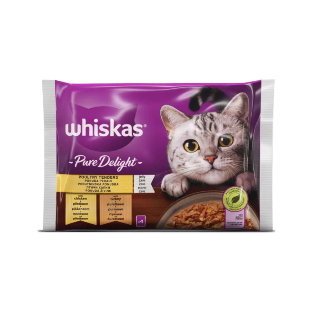 Whiskas Pure Delight - паучове за котки птичи ястия в желе - 6 броя х 4х85 гр.