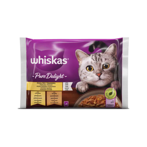 Whiskas Pure Delight - паучове за котки птичи ястия в желе - 6 броя х 4х85 гр.