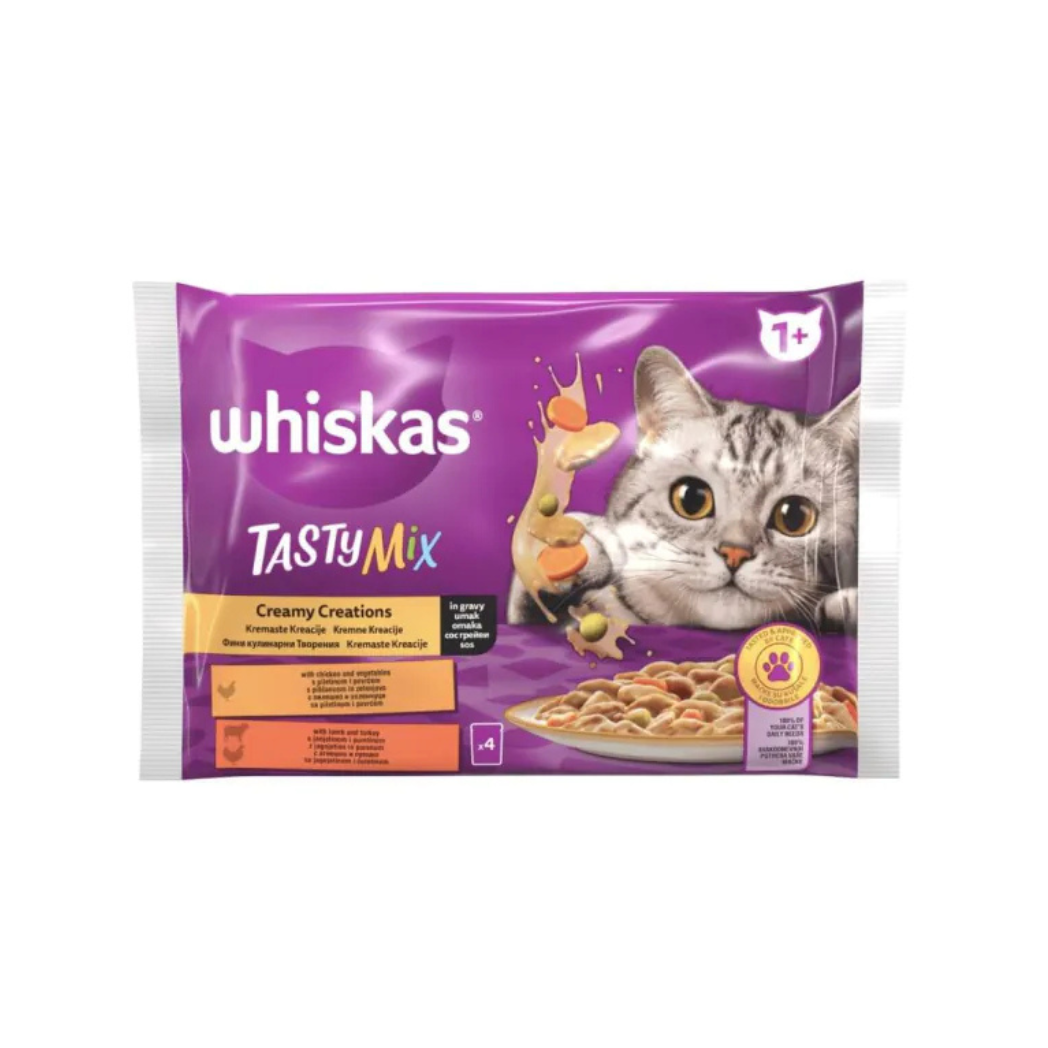 Whiskas Tasty Mix - паучове за котки кремообразни ястия в сос грейви - 6 броя х 4х85 гр.