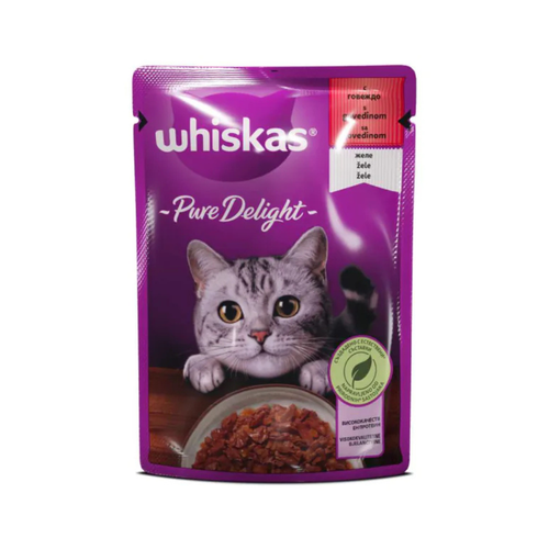Whiskas Pure Delight - паучове за котки говеждо в желе - 12 броя х 85 гр.