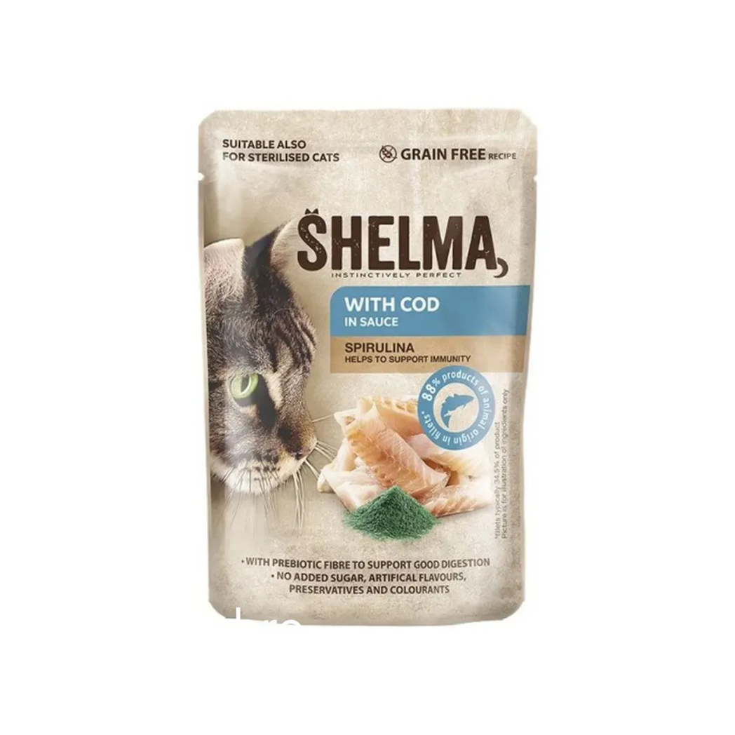 Shelma - паучове за котки с треска и спирулина в сос- 12 броя х 85 гр.