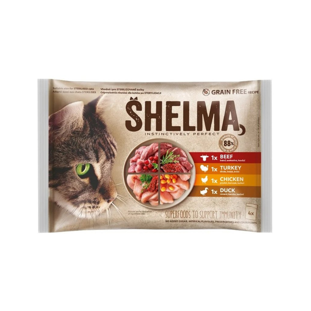 Shelma - паучове за котки с говеждо, пуешко, пилешко и патешко в сос - 6 броя х 4х85 гр.