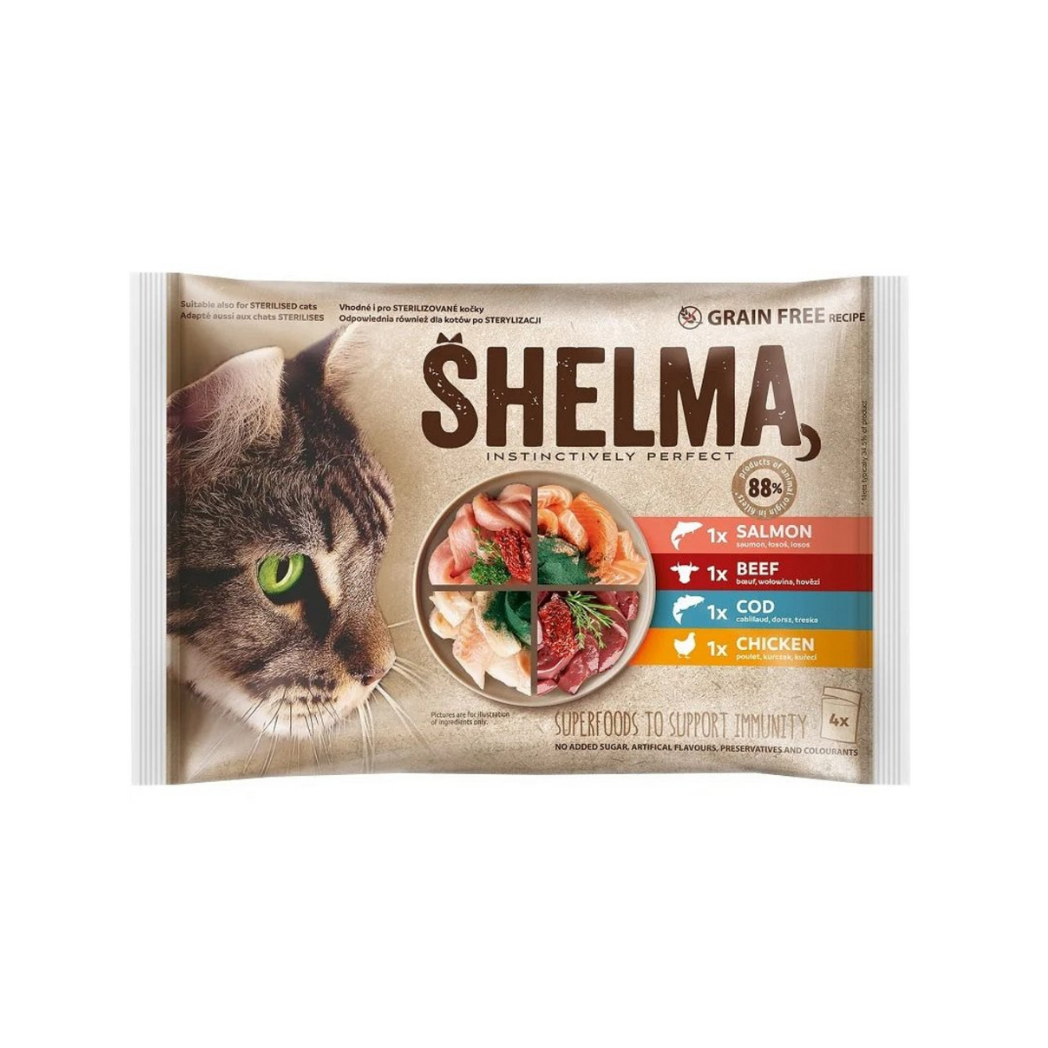 Shelma - паучове за котки със сьомга, говеждо, треска и пилешко в сос - 6 броя х 4х85 гр.