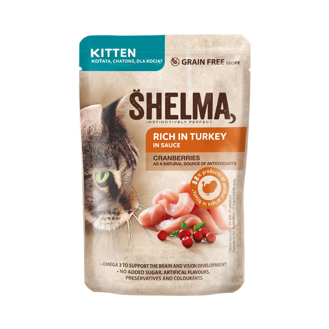 Shelma Kitten - паучове за подрастващи котки с пуешко и боровинки в сос - 12 броя х 85 гр.