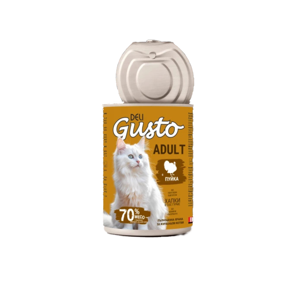 Deli Gusto Cat Turkey - Консервирана храна за котки - хапки в сос с пуешко - 6 броя х 415 гр.