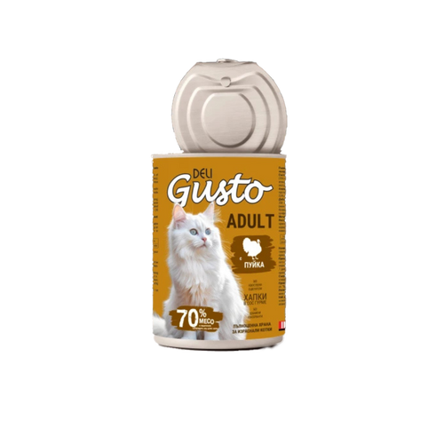 Deli Gusto Cat Turkey - Консервирана храна за котки - хапки в сос с пуешко - 6 броя х 415 гр.