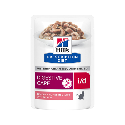 Hill's Prescription Diet i/d Digestive Care - Паучове за котки с грижа за стомашно-чревният тракт със сьомга - 6 броя х 85 гр.