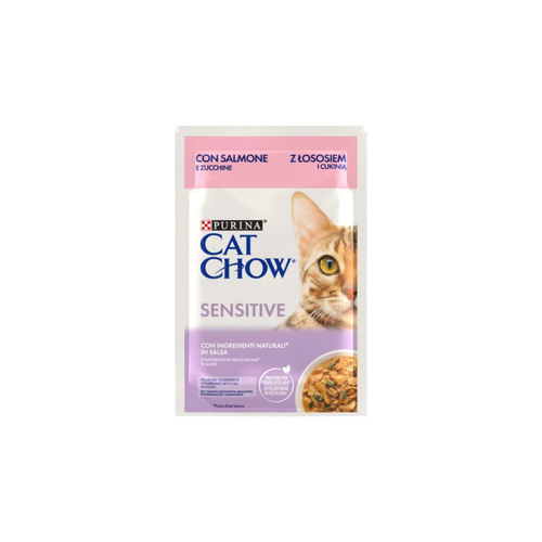 Purina Cat Chow Sensitive - пауч за котки със сьомга и тиква - 6 броя х 85 гр.