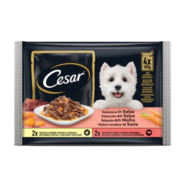 Cesar - паучове за кучета с пиле и говеждо в сос - 6 броя x 4 x 100 гр.