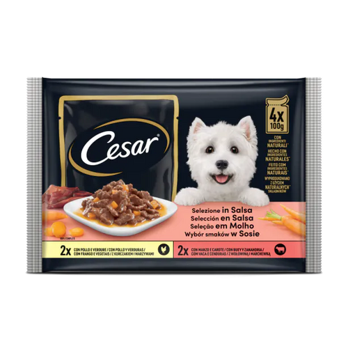 Cesar - паучове за кучета с пиле и говеждо в сос - 6 броя x 4 x 100 гр.
