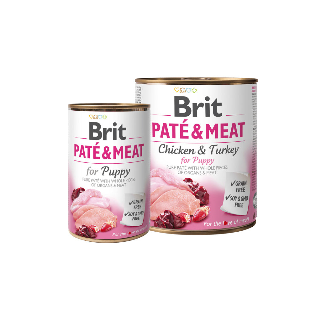 Brit PATÉ & MEAT- консервирана храна за подрастващи кучета с прясно пилешко и пуешко месо - 6 броя х 400 гр. или 6 броя х 800 гр.