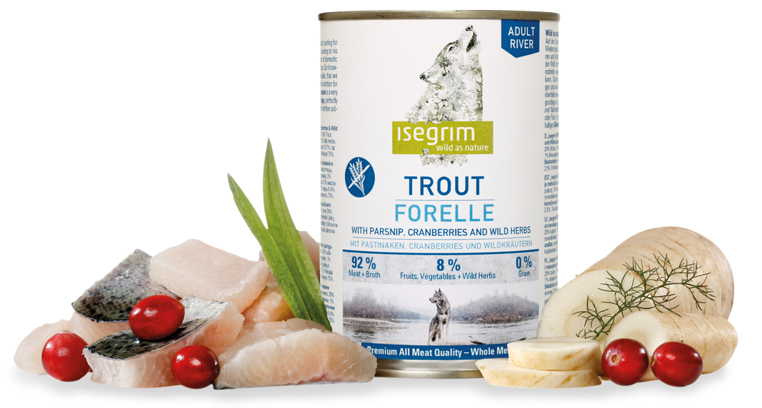Isegrim - консервирана храна за кучета с пъстърва, пащърнак и червени боровинки - 6 броя x 800 гр.