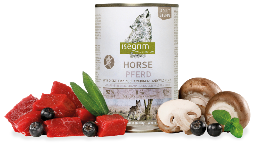 Isegrim - консервирана храна за кучета с конско, арония и гъби - 6 броя х 800 гр.