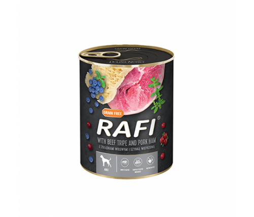 RAFI – консервирана храна за кучета с шунка и телешко шкембе – 6 броя x 800 гр.