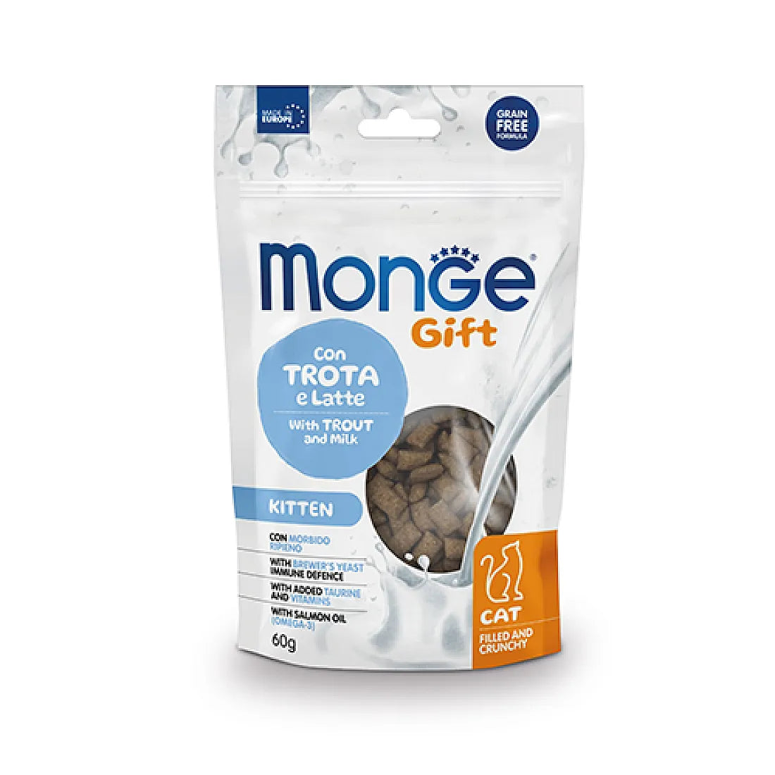 Monge Gift - лакомства за подрастващи котки без зърнени култури с пъстърва и мляко - 60 гр.